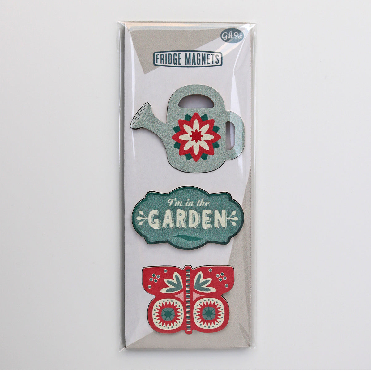 A gift set of three Fridge Magnets for gardeners with watering can, I'm in the garden vintage label and butterfly magnets - by Beyond the Fridge