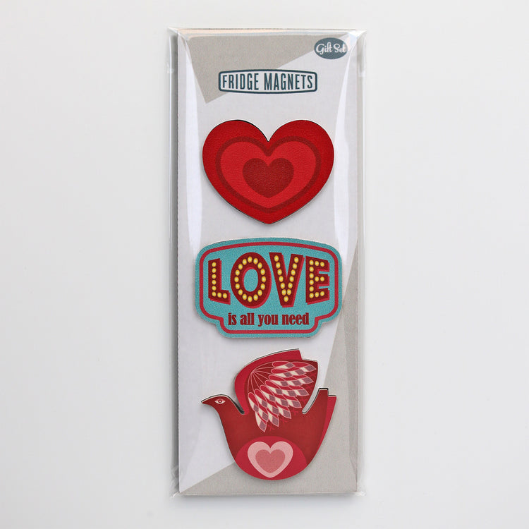 A gift set of three Fridge Magnets for Valentine's Day with heart, all you need is love vintage label and love bird magnets - by Beyond the Fridge.co.uk