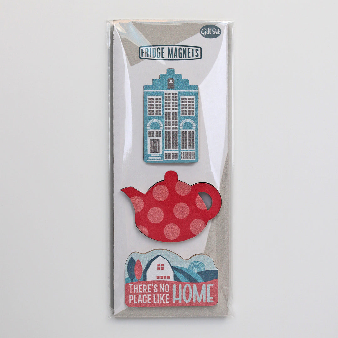 A gift set of three Fridge Magnets for new home owners with Delft house, vintage label with there’s no place like home and pink teapot magnets - by Beyond the Fridge