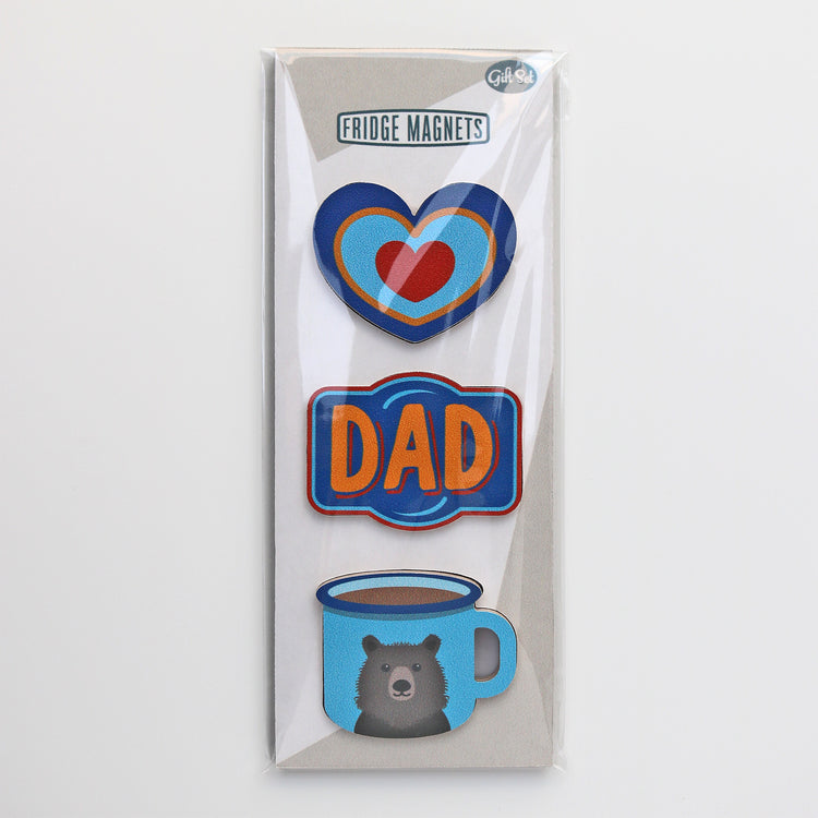 A gift set of three Fridge Magnets for Valentine's Day with heart, dad vintage label and enamel mug magnets - by Beyond the Fridge