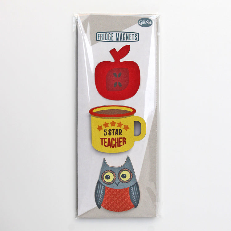 A gift set of three Fridge Magnets for teachers with red apple, enamel mug with five star teacher on it and owl magnets - by Beyond the Fridge