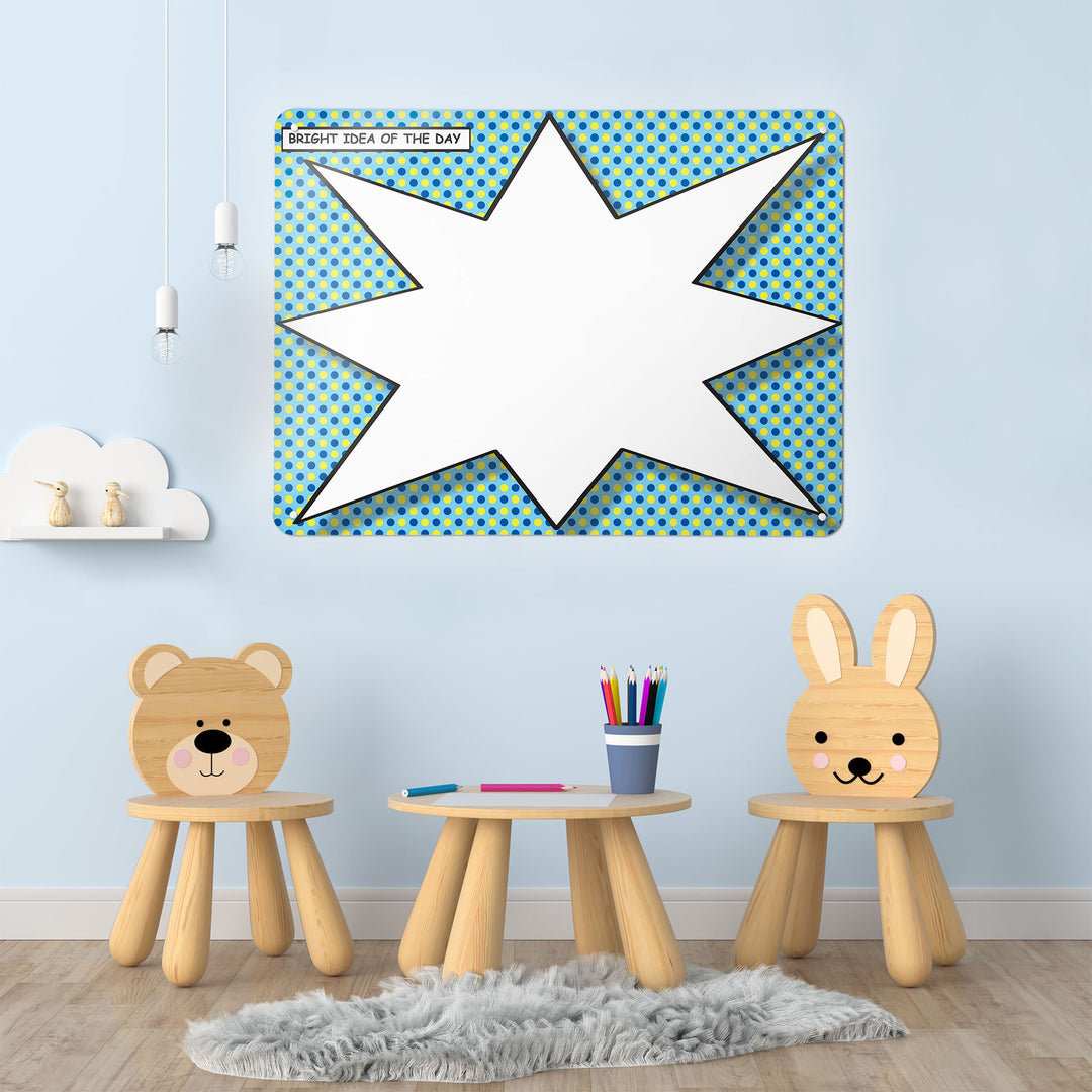 A playroom interior with a magnetic metal wall art panel showing a cartoon idea bubble design
