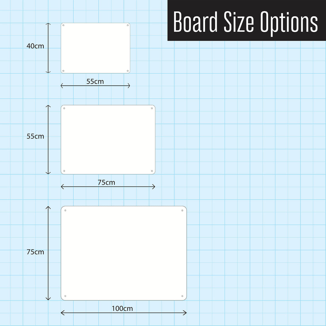 A diagram to illustrate the three sizes of magnetic notice board available on Beyond the Fridge
