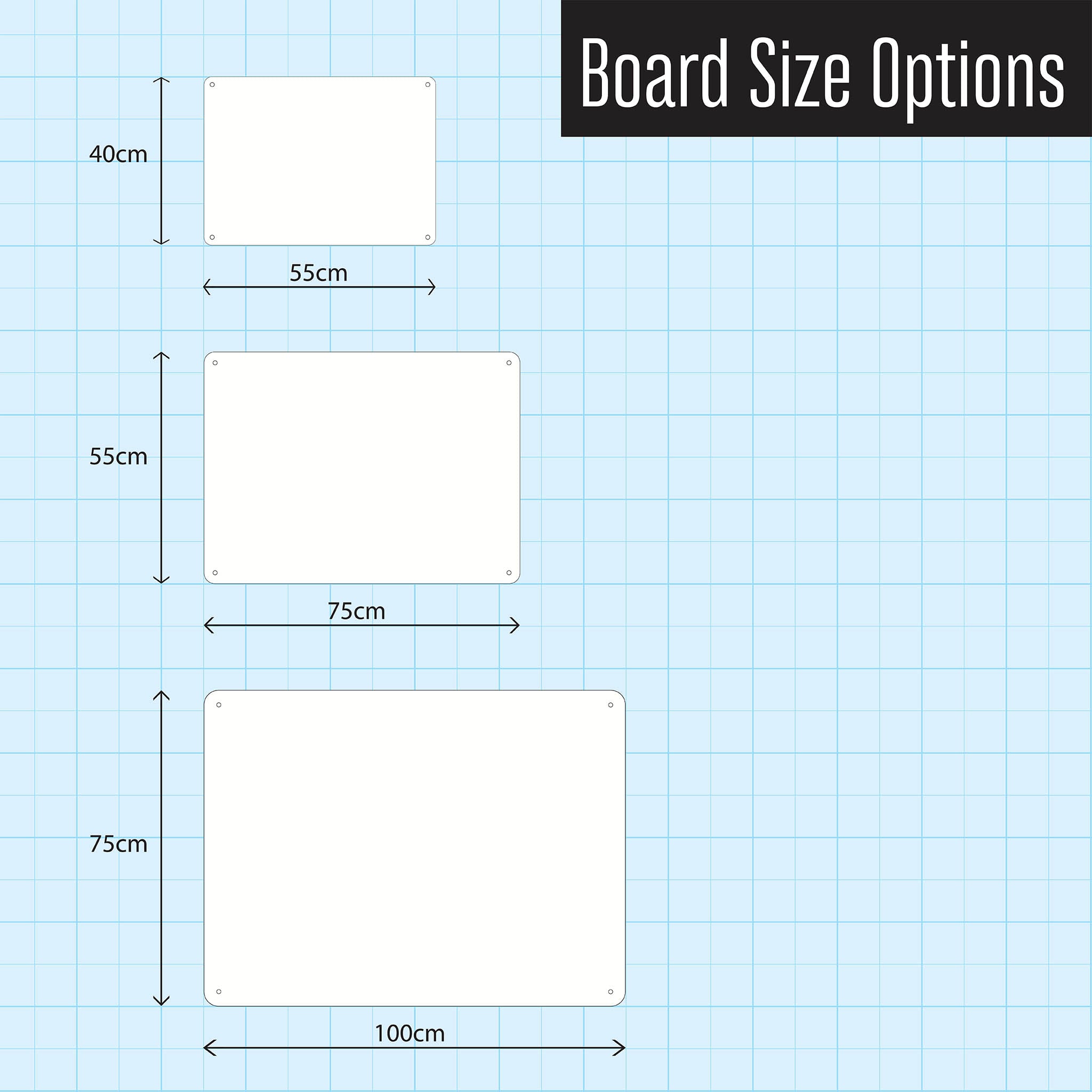 A diagram showing three sizes of magnetic notice boards