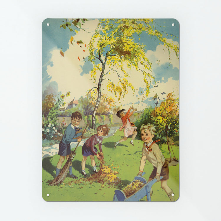A large magnetic notice board by Beyond the Fridge with an image of an illustration of children collecting leaves in a garden