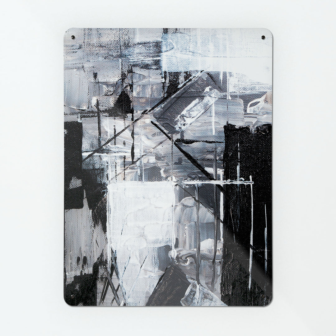 A large magnetic notice board by Beyond the Fridge with an image of an abstract painting titled Construction in monochrome black and white