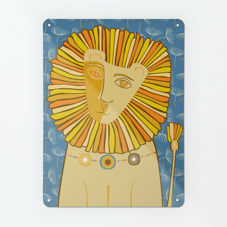 A large magnetic notice board by Beyond the Fridge with a lion illustration  with a background pattern of dandelion seeds