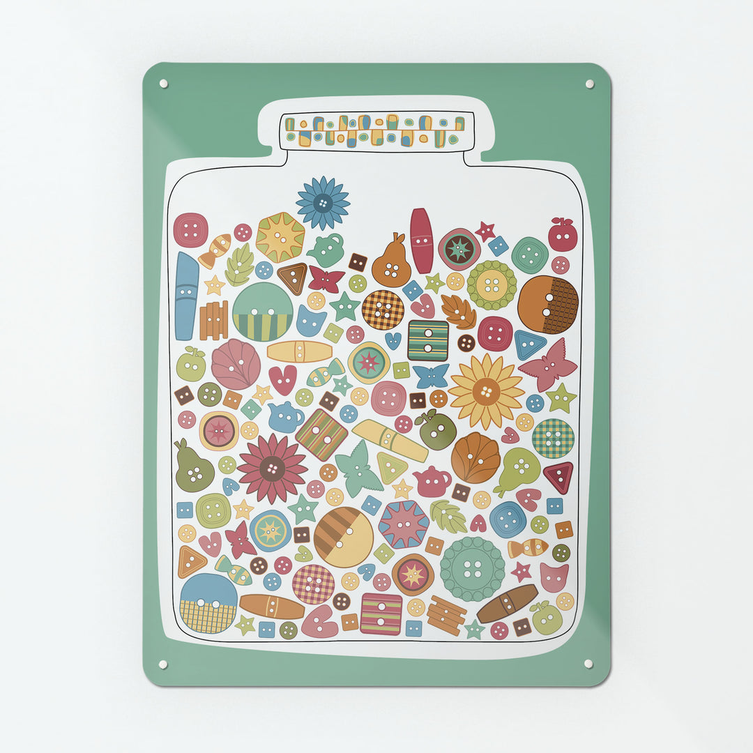 A large magnetic notice board by Beyond the Fridge with a jar full of multi coloured buttons design