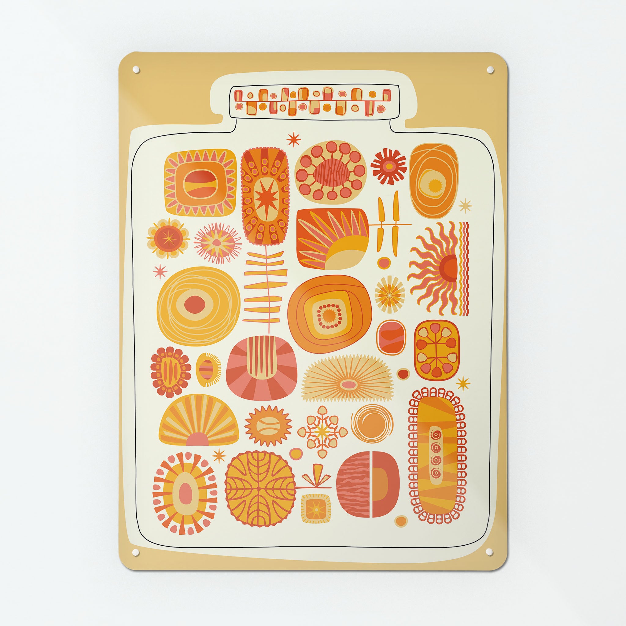 A large magnetic notice board by Beyond the Fridge with a jar full of yellow and orange suns design