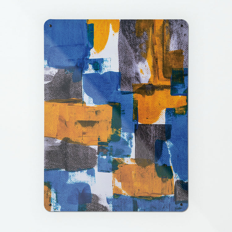 A large magnetic notice board by Beyond the Fridge with an image of an abstract painting titled October in blue, ochre, white and brown