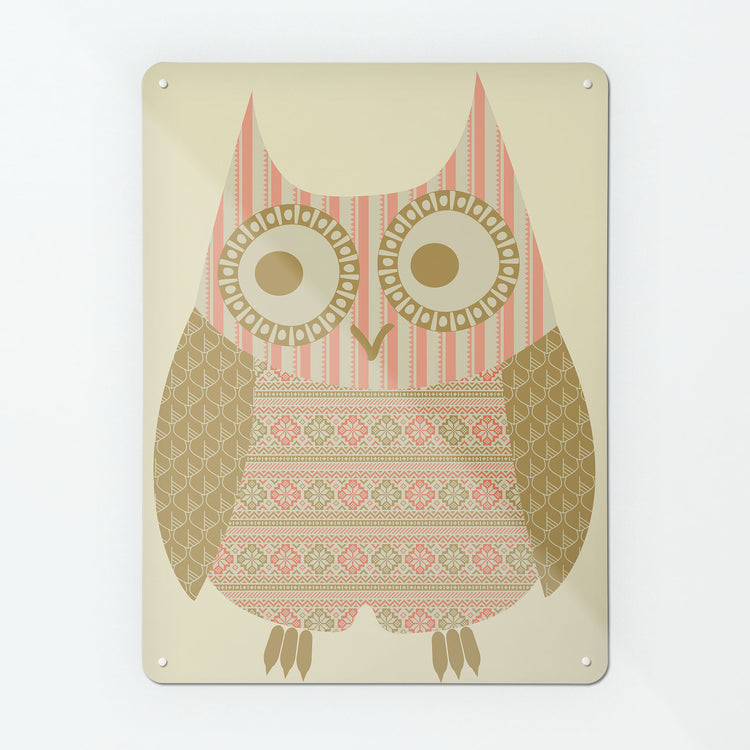 A large magnetic notice board by Beyond the Fridge with an image of a fair isle owl design in yellow and olive