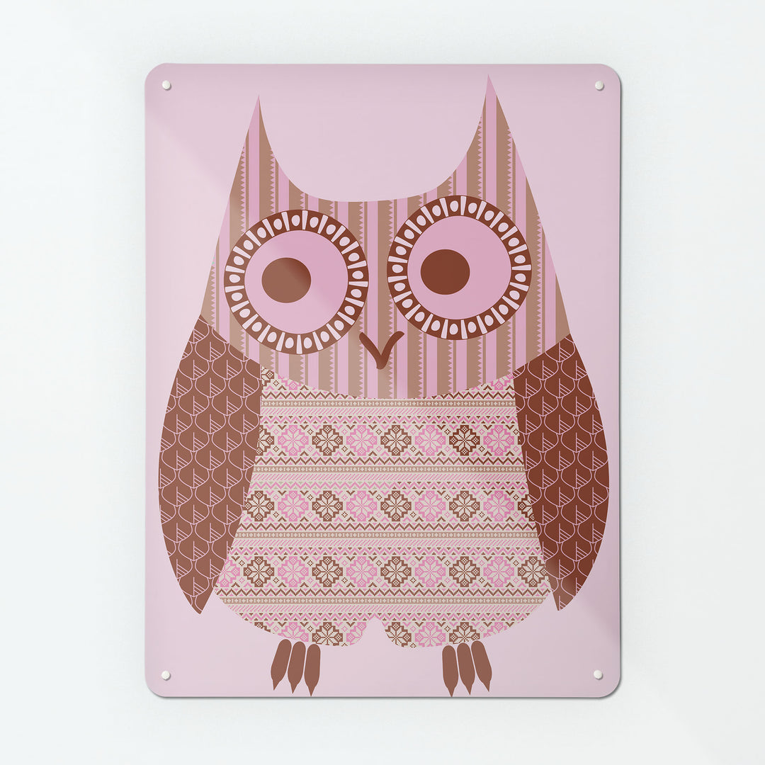 The corner detail of a Fair Isle Owl pink and brown magnetic board to show it’s high gloss surface