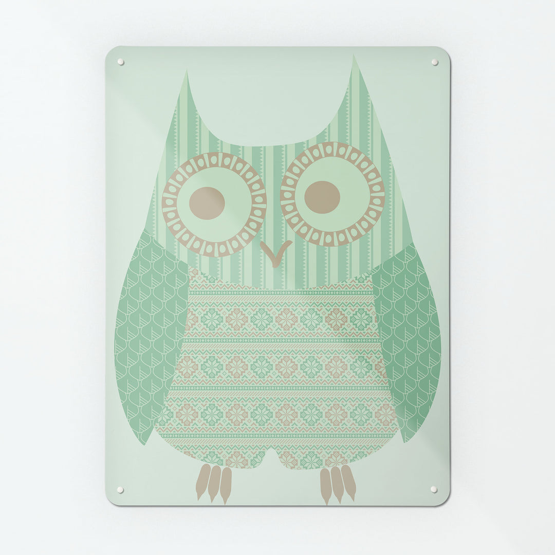 A large magnetic notice board by Beyond the Fridge with an image of a fair isle owl design in turquoise