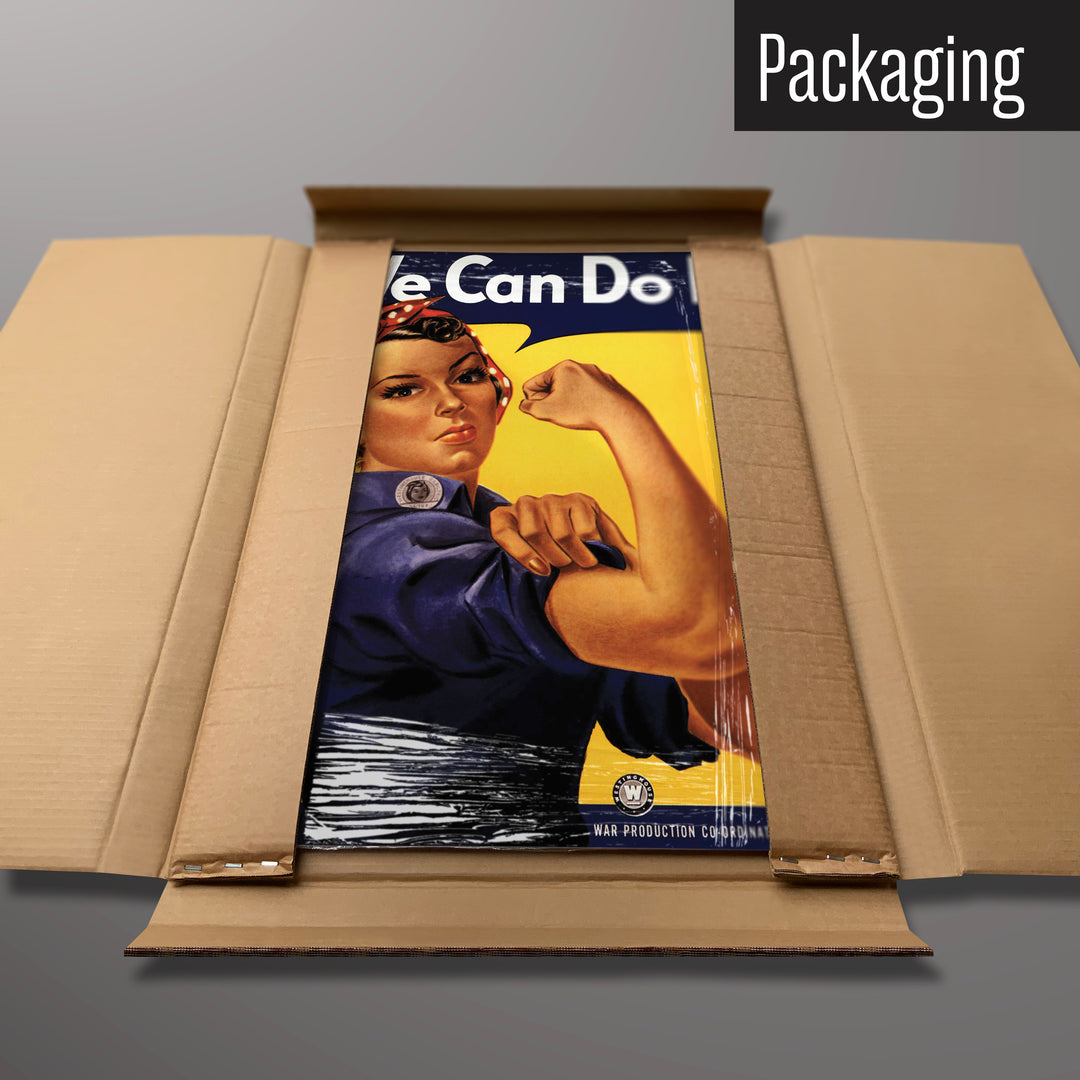 A Rosie the Riveter magnetic board in it’s cardboard packaging