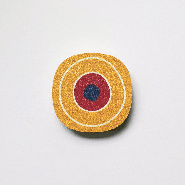 A yellow circle millefiori design plywood fridge magnet by Beyond the Fridge