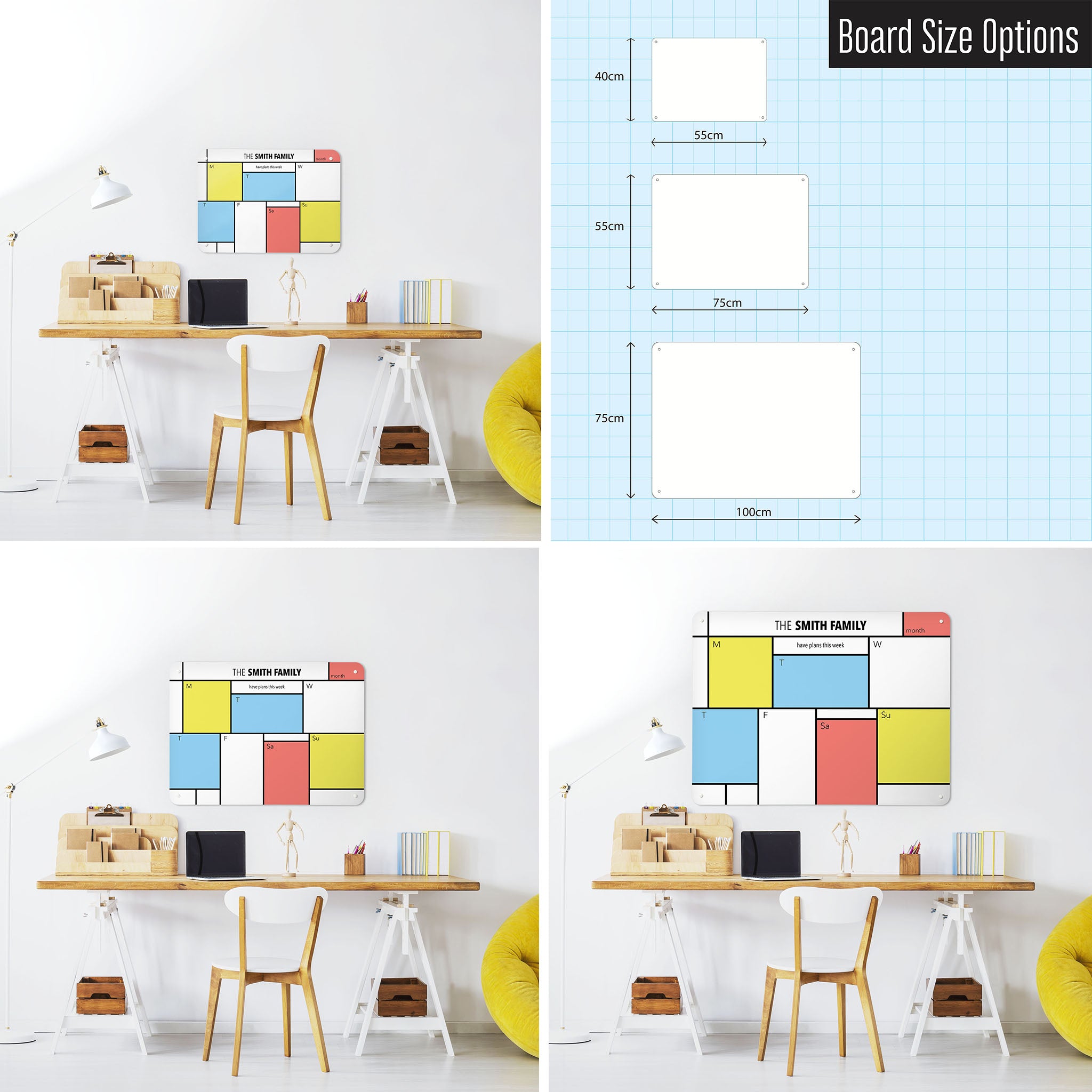 Three photographs of a workspace interior and a diagram to show size comparisons of a Mondrian design weekly planner to personalise landscape magnetic notice board