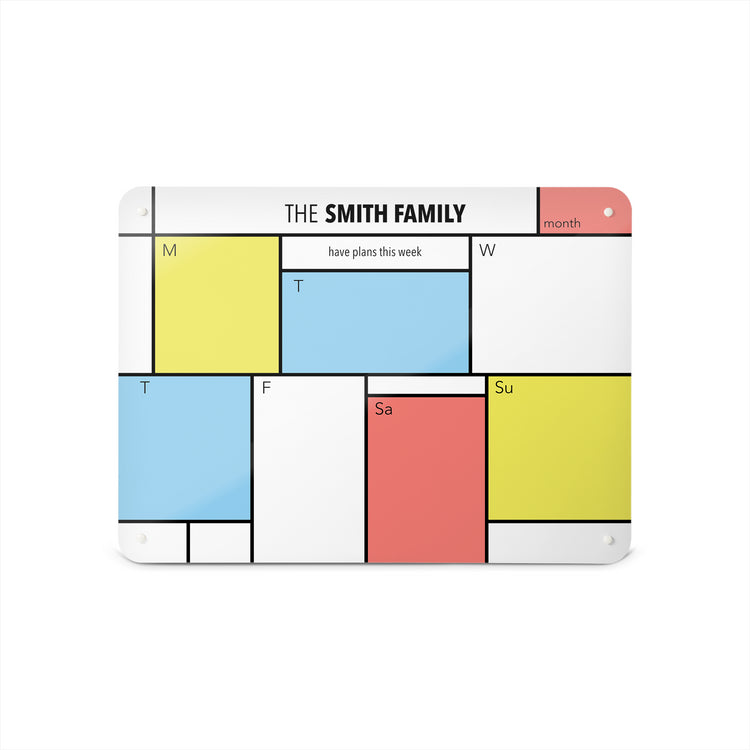 A medium magnetic notice board by Beyond the Fridge with a Piet Mondrian design weekly planner to personalise in a landscape format
