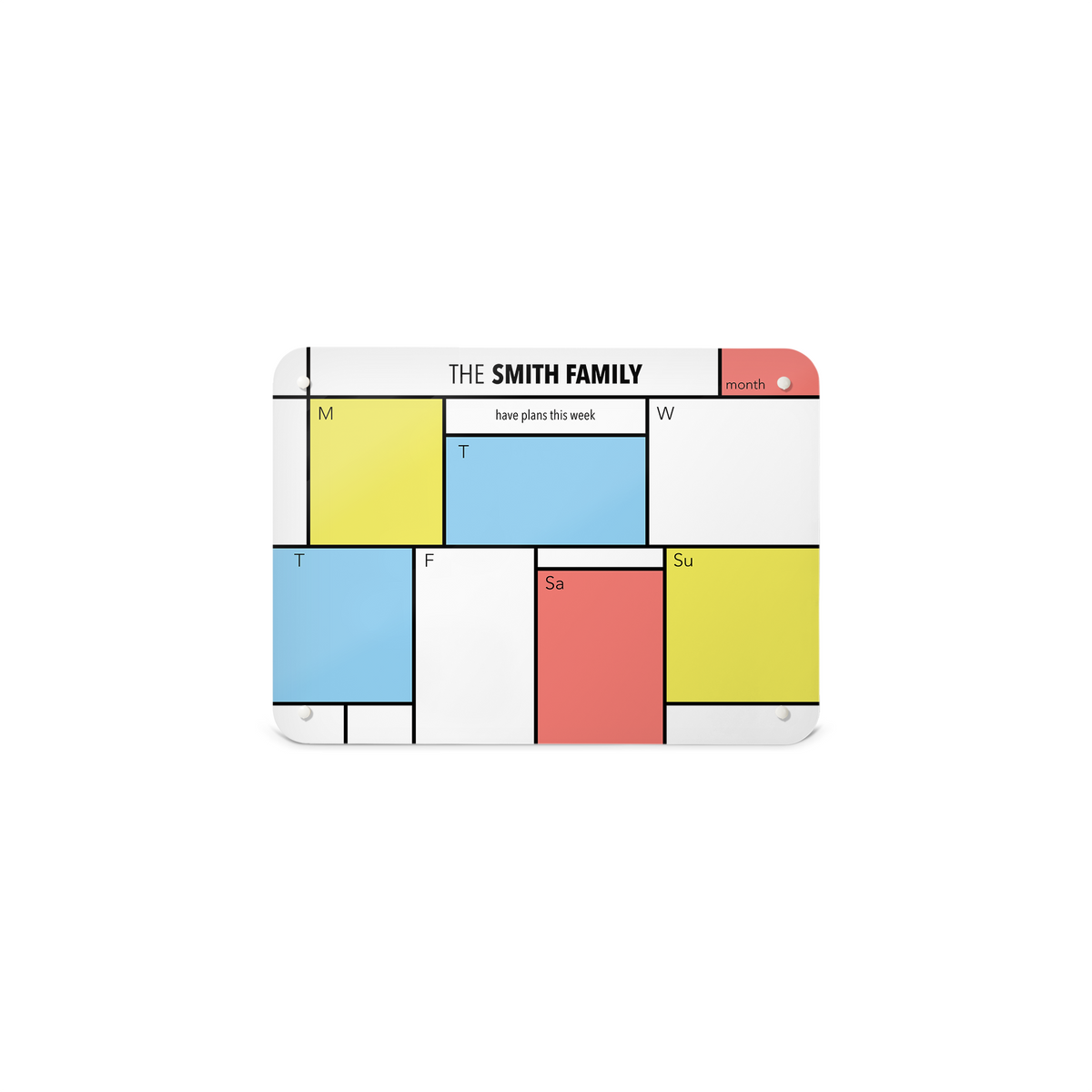 A small magnetic notice board by Beyond the Fridge with a Piet Mondrian design weekly planner to personalise in a landscape format