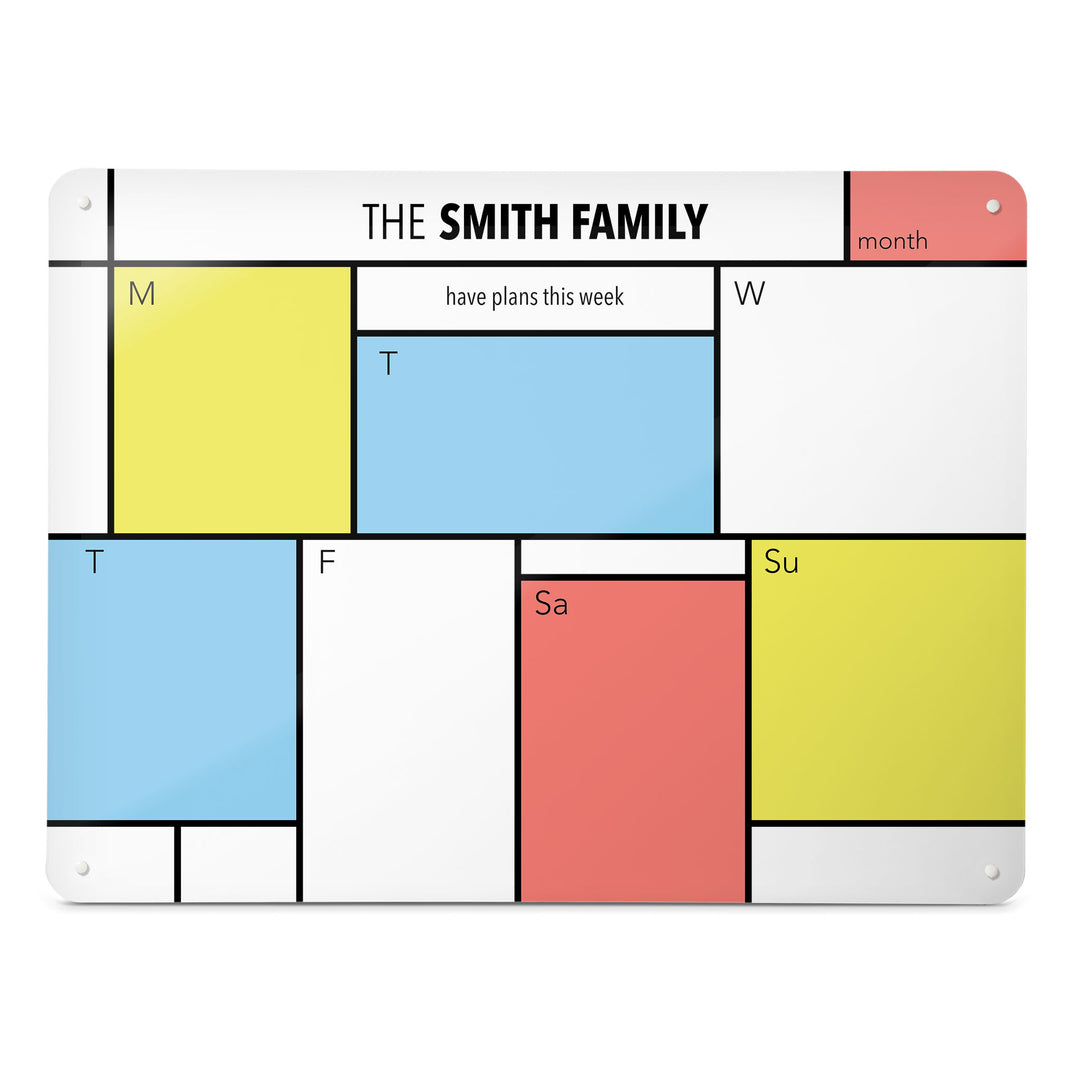 A large magnetic notice board by Beyond the Fridge with a Piet Mondrian design weekly planner to personalise in a landscape format