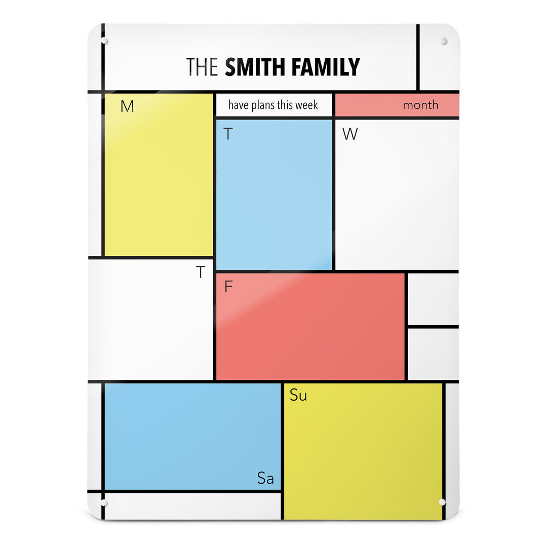 A large magnetic notice board by Beyond the Fridge with a Piet Mondrian design weekly planner to personalise in a portrait format