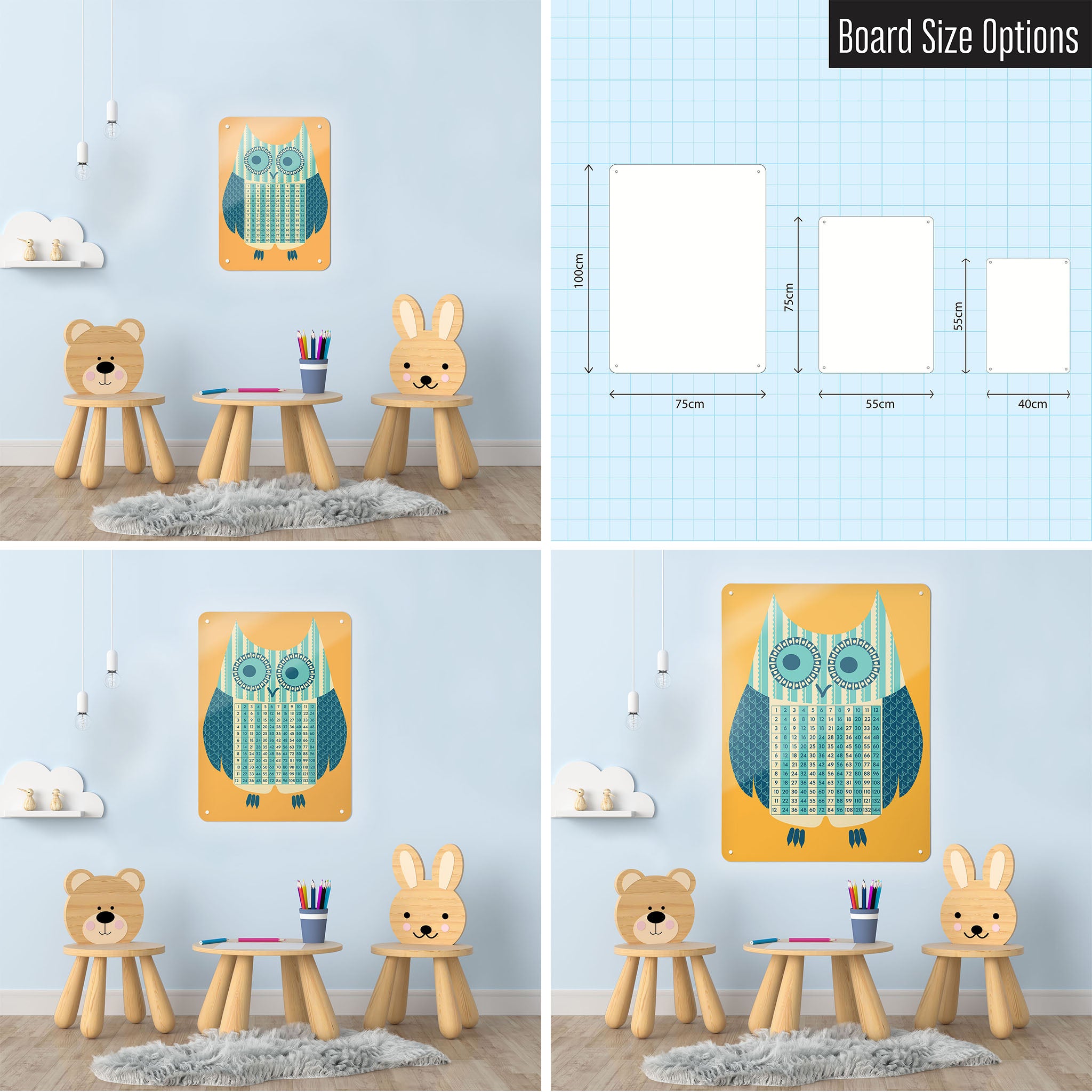 Three photographs of a workspace interior and a diagram to show size comparisons of a wise owl times tables design magnetic notice board