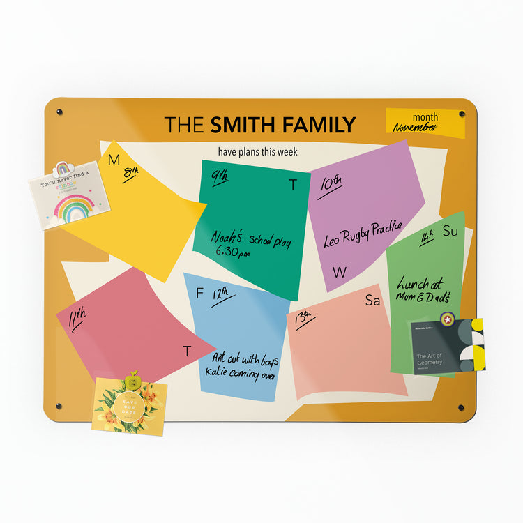A large landscape magnetic notice board by Beyond the Fridge with a Henri Matisse design weekly planner to personalise with handwritten notes