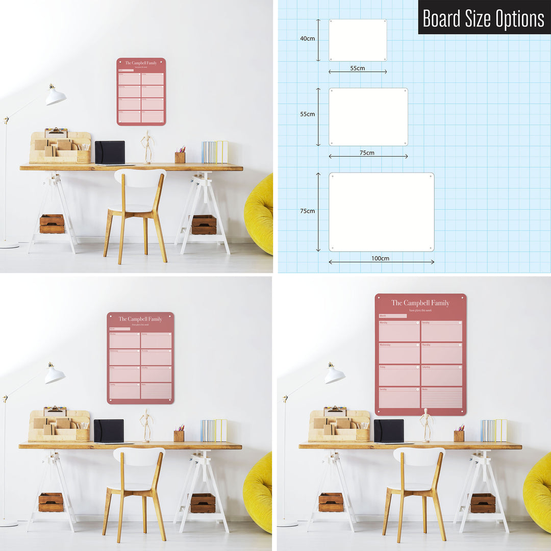 Three photographs of a workspace interior and a diagram to show size comparisons of a vintage rose weekly planner to personalise design magnetic notice board
