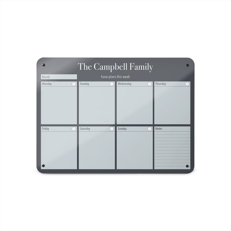 A medium magnetic notice board by Beyond the Fridge with a weekly planner design to personalise  in a grey colour and landscape format 