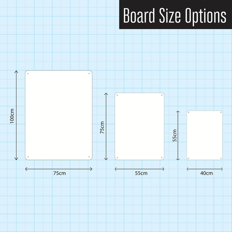 A diagram to show the dimensions of a small, medium and large magnetic notice board in portrait format