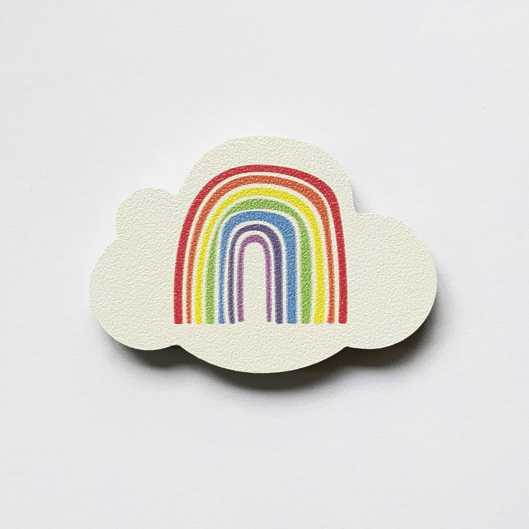 A rainbow and cloud design plywood fridge magnet by Beyond the Fridge