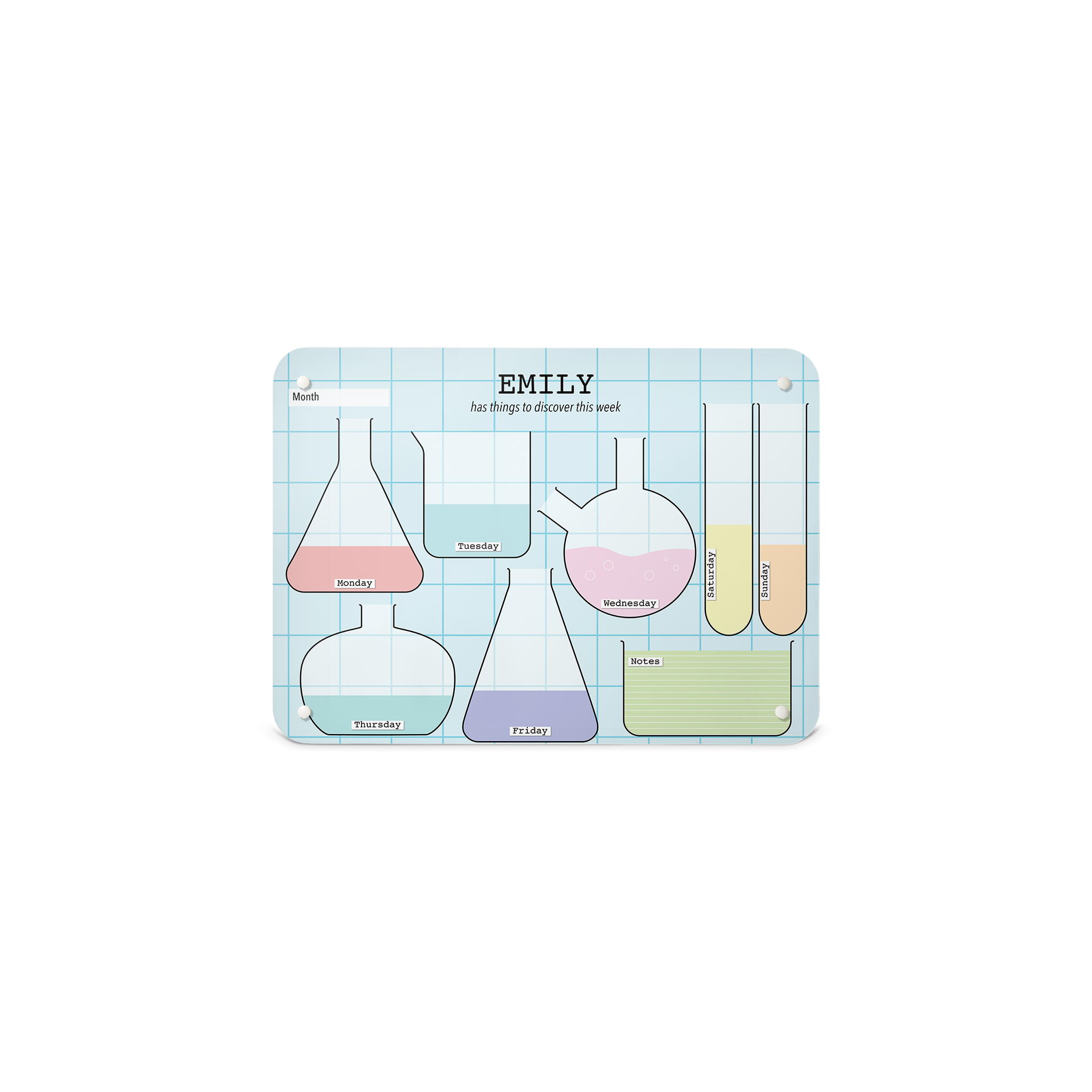 A small landscape science lab weekly planner magnetic notice board by Beyond the Fridge personalised with a name 