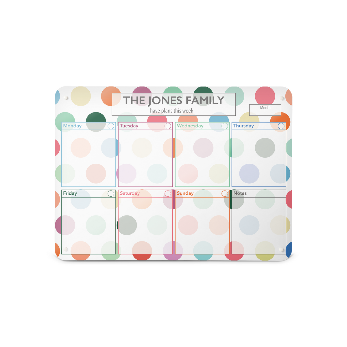 A medium landscape format spots design weekly planner magnetic notice board by Beyond the Fridge personalised with a name 