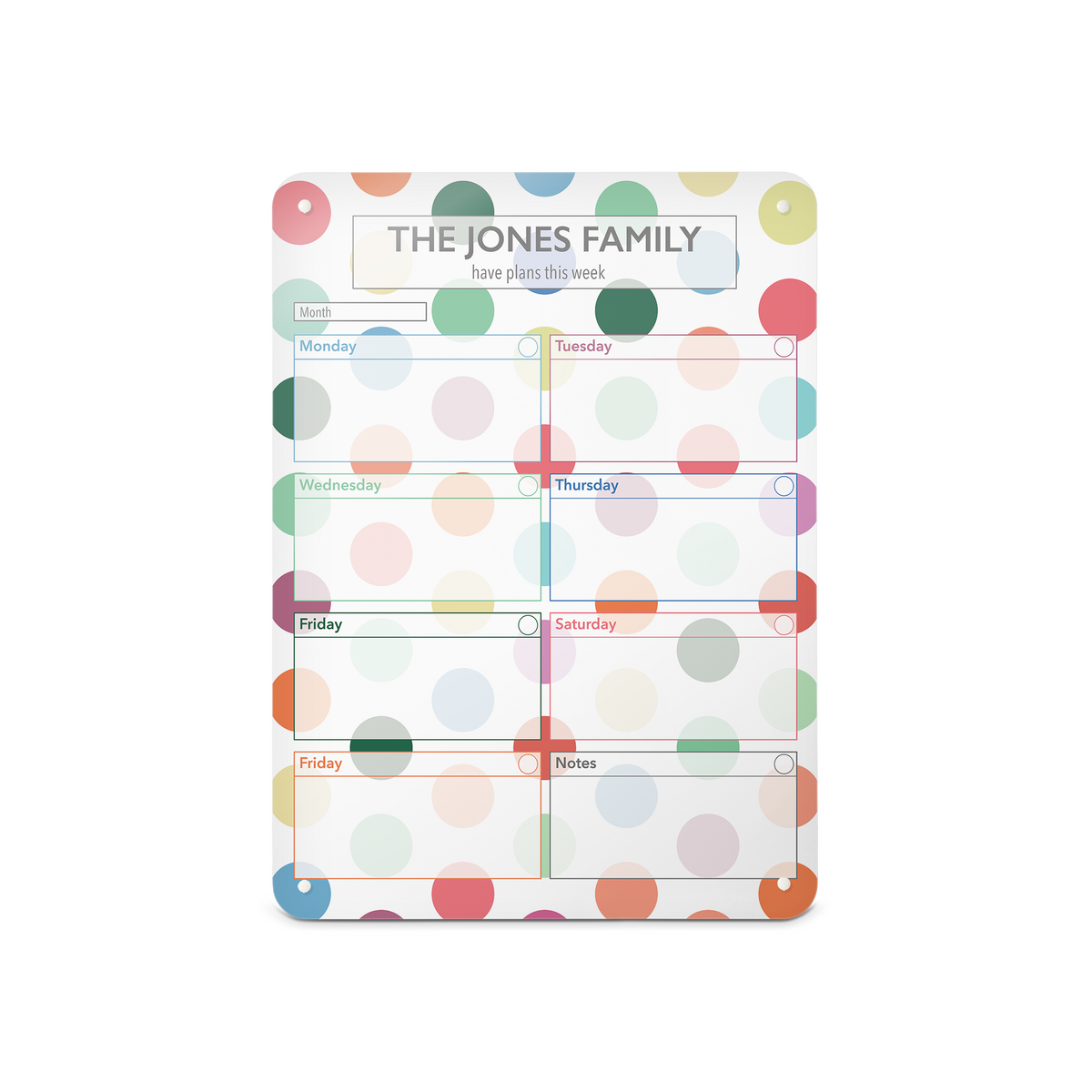 A medium portrait format spots design weekly planner magnetic notice board by Beyond the Fridge personalised with a name 