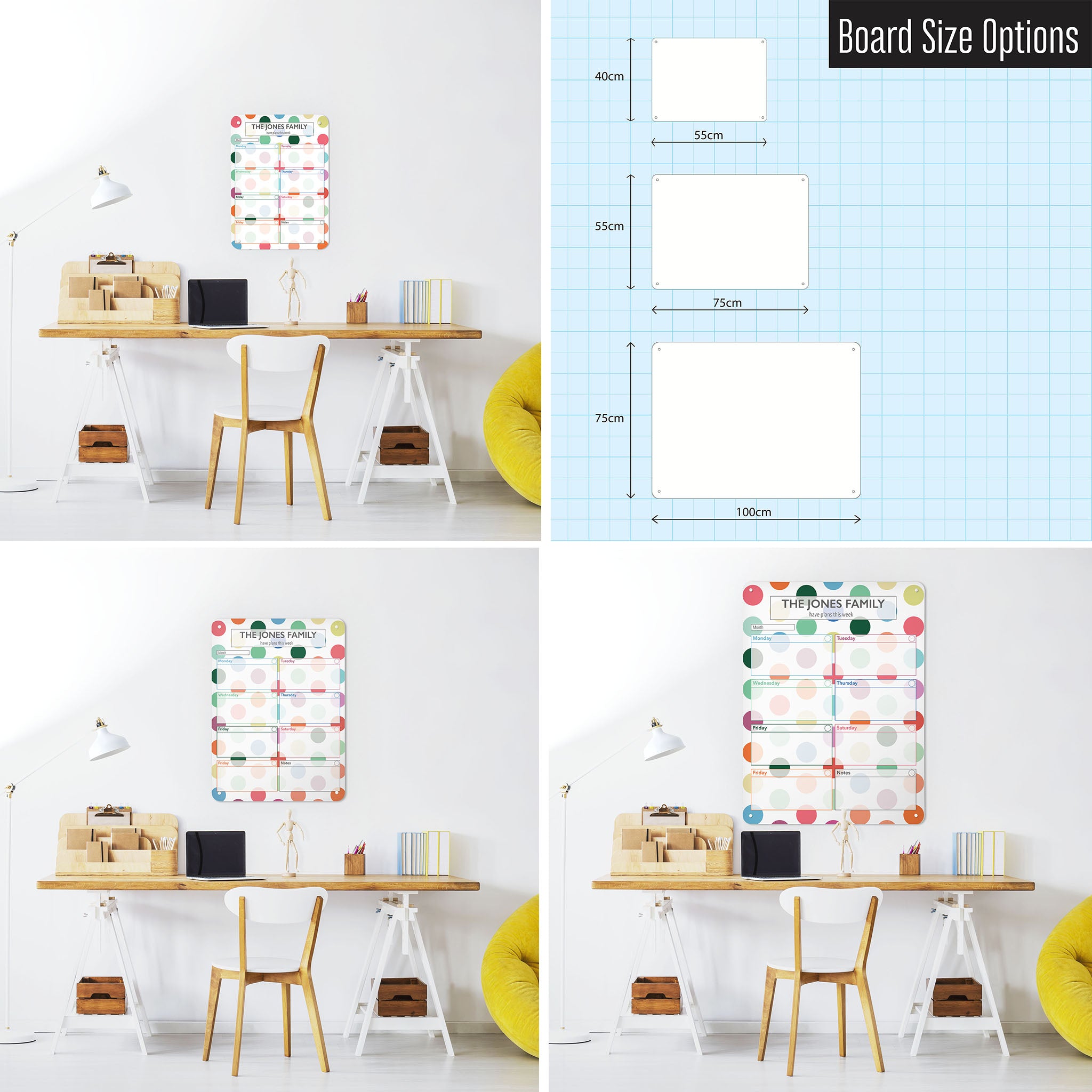 Three photographs of a workspace interior and a diagram to show size comparisons of a portrait spots design weekly planner personalised dry wipe magnetic notice board