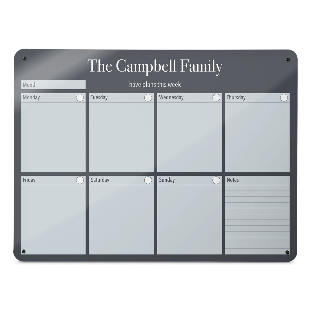 A large magnetic notice board by Beyond the Fridge with a weekly planner design to personalise  in a grey colour and landscape format 