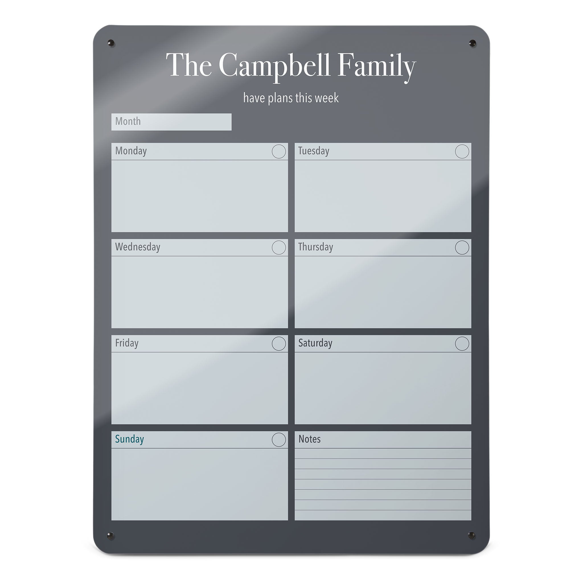 A large magnetic notice board by Beyond the Fridge with a weekly planner design to personalise  in a grey colour and portrait format 