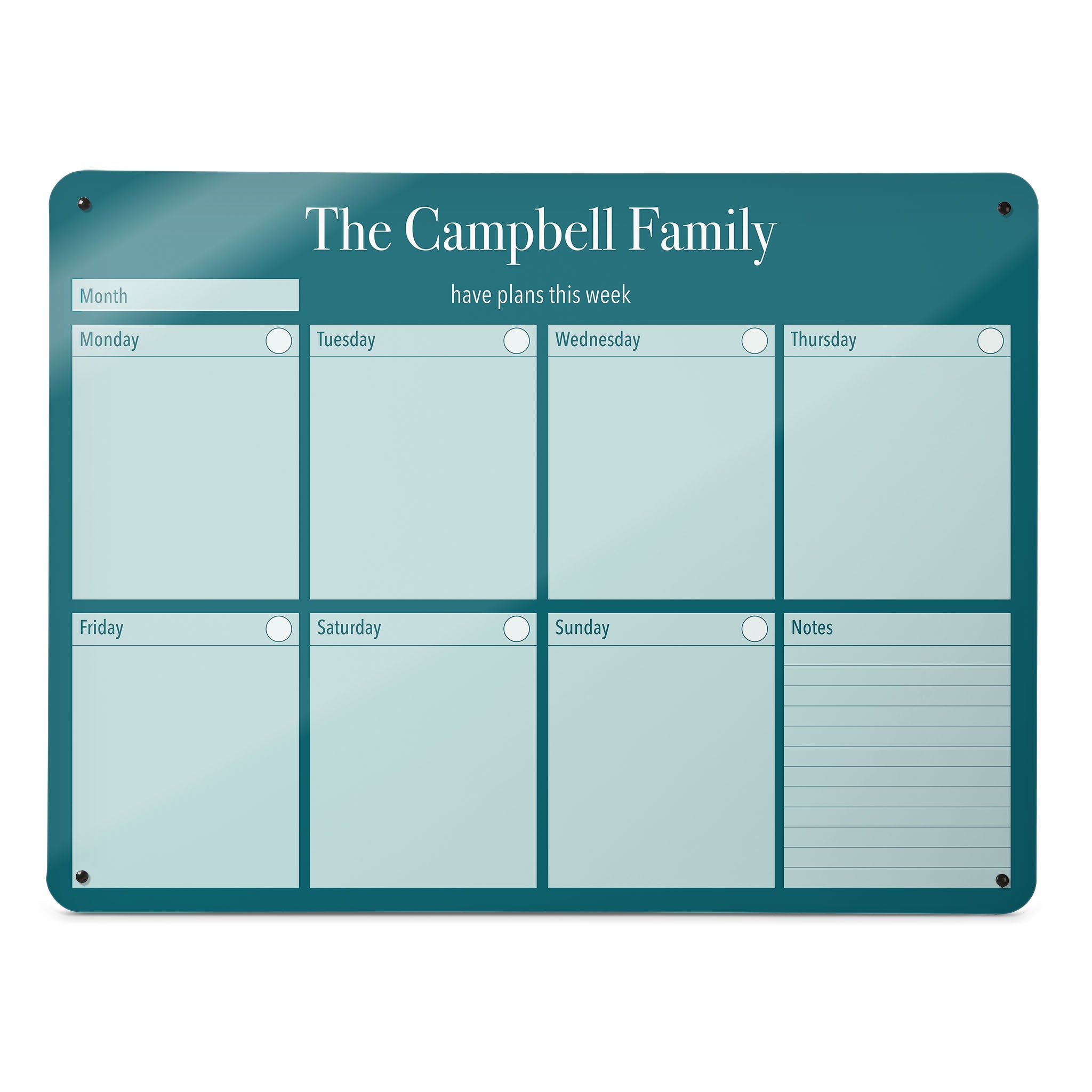 A large magnetic notice board by Beyond the Fridge with a weekly planner design to personalise  in a teal colour and landscape format 