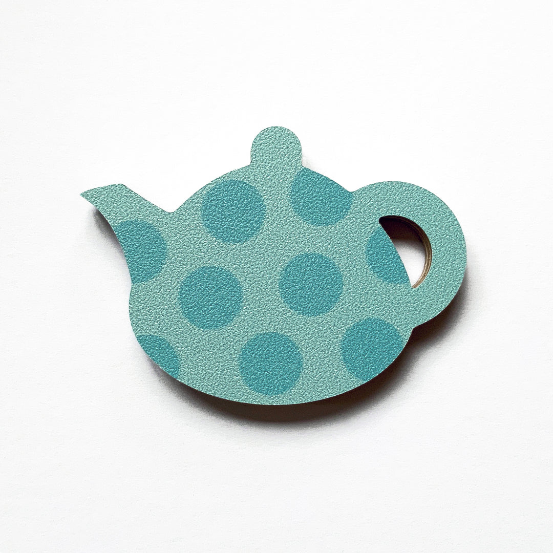 A aqua spotty teapot shaped plywood fridge magnet by Beyond the Fridge