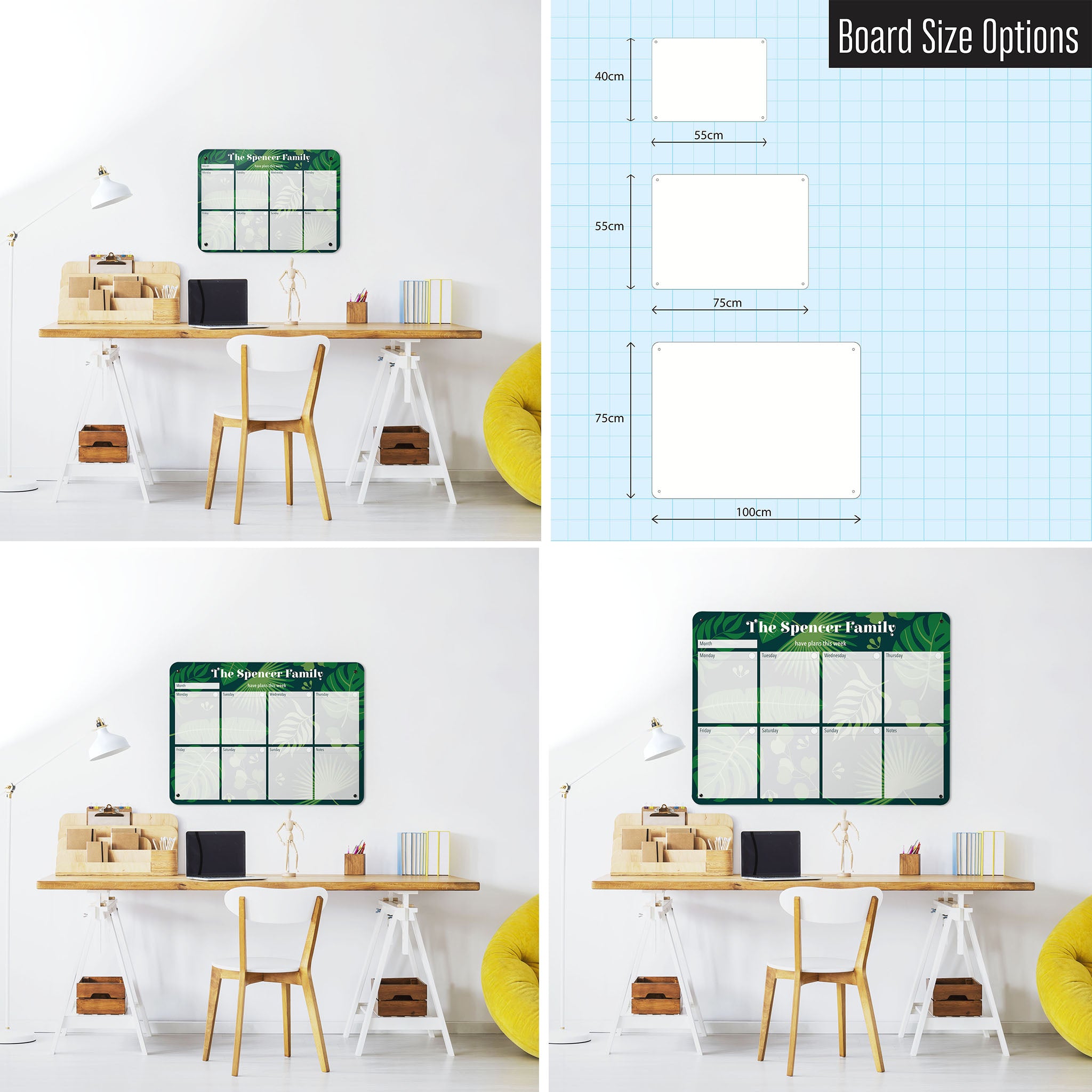 Three photographs of a workspace interior and a diagram to show size comparisons of a landscape tropical leaves design weekly planner personalised dry wipe magnetic notice board