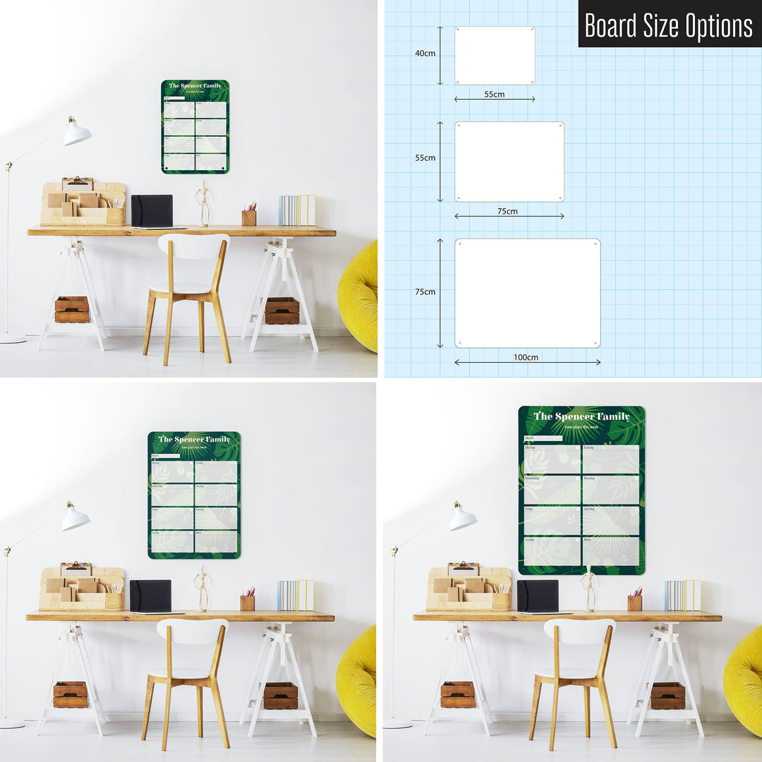 Three photographs of a workspace interior and a diagram to show size comparisons of a portrait tropical leaves design weekly planner personalised dry wipe magnetic notice board
