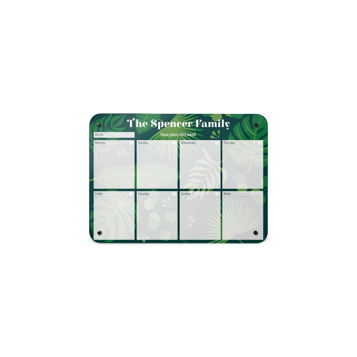 A small landscape  format tropical leaves design weekly planner magnetic notice board by Beyond the Fridge personalised with a name 