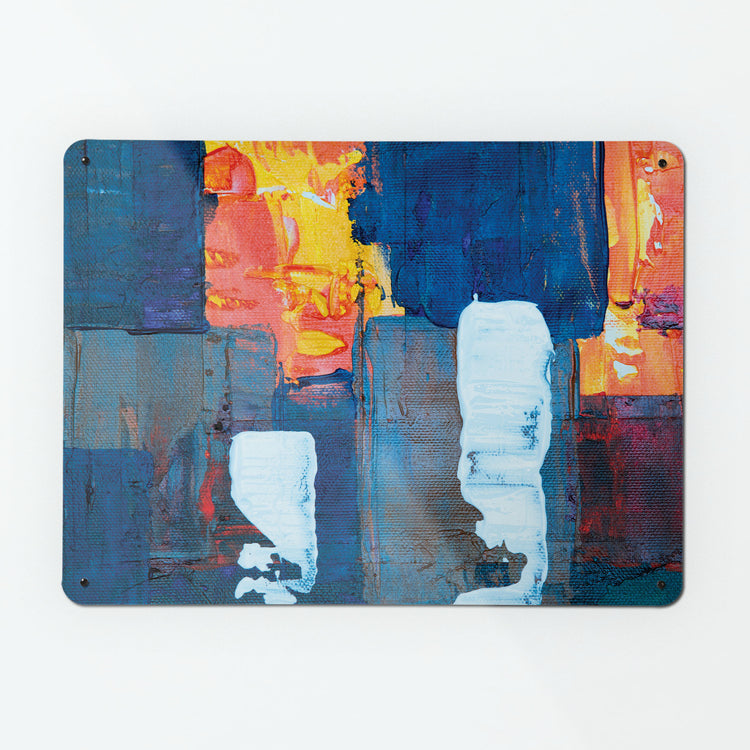 A large magnetic notice board by Beyond the Fridge with an image of an abstract painting titled Assembly with impasto paint in blues and oranges