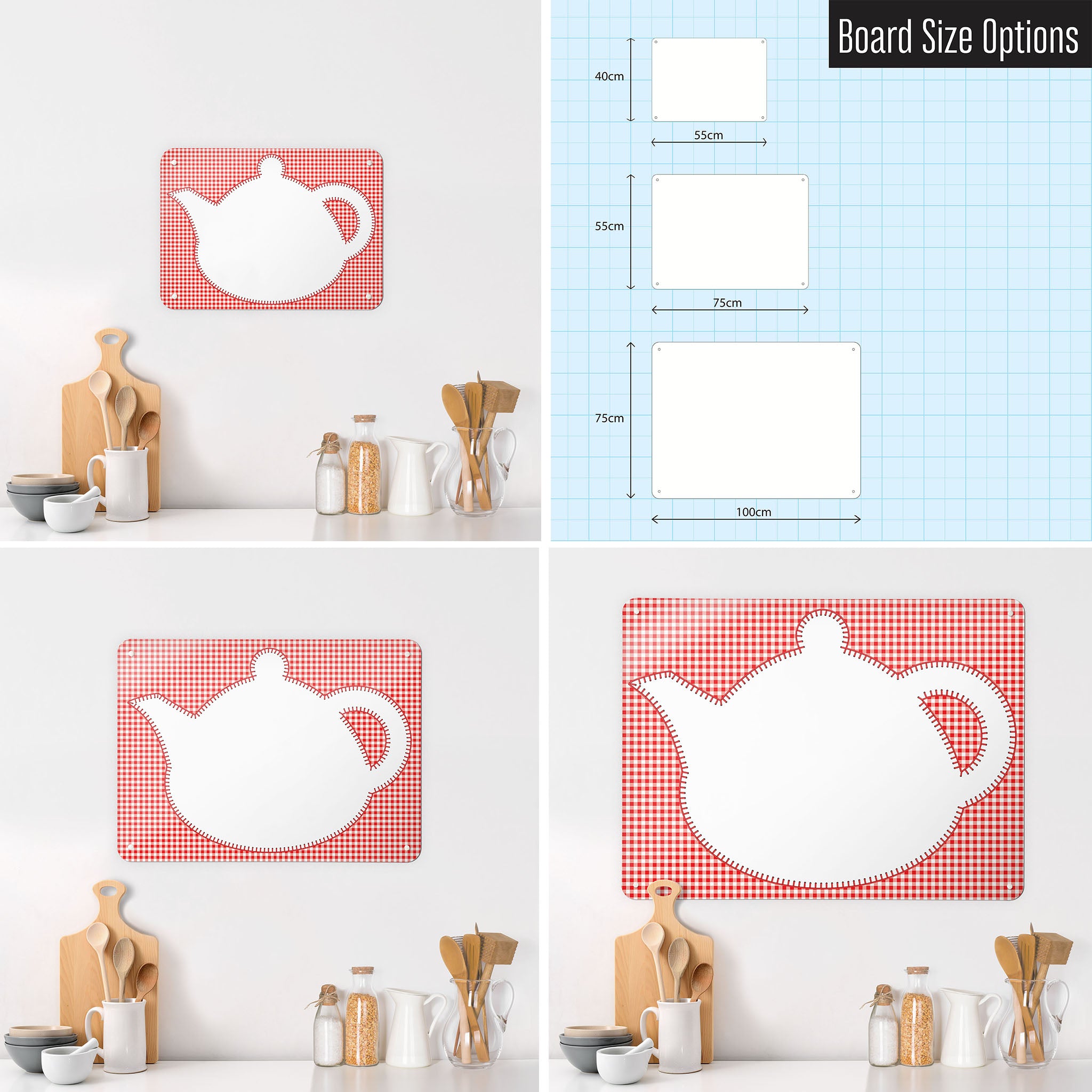 Three photographs of a workspace interior and a diagram to show size comparisons of an appliqué teapot design dry wipe magnetic notice board