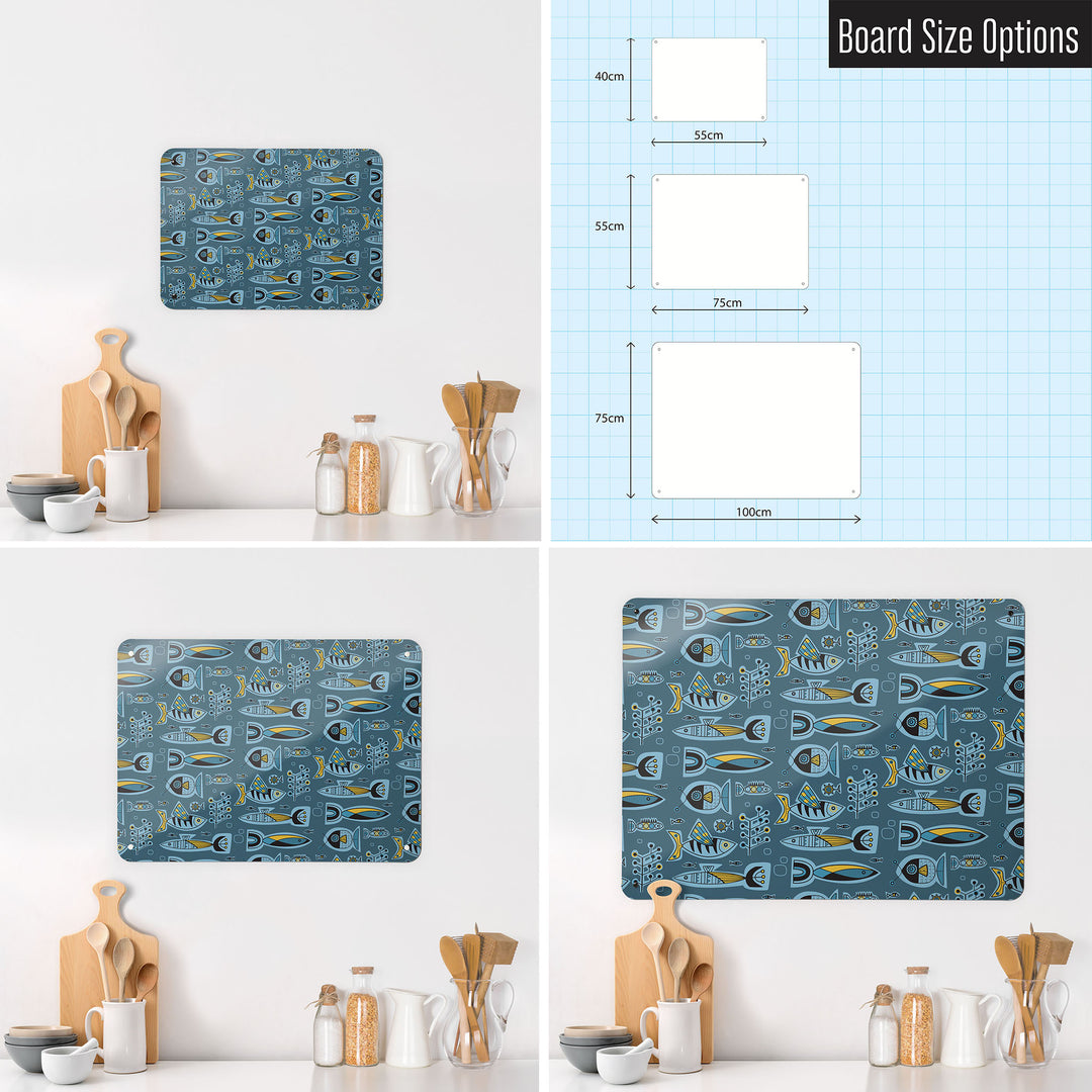 Three photographs of a workspace interior and a diagram to show size comparisons of an aquarium deep blue design magnetic notice board