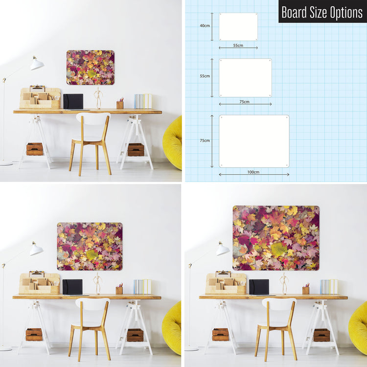 Three photographs of a workspace interior and a diagram to show size comparisons of an autumn leaves photographic magnetic notice board