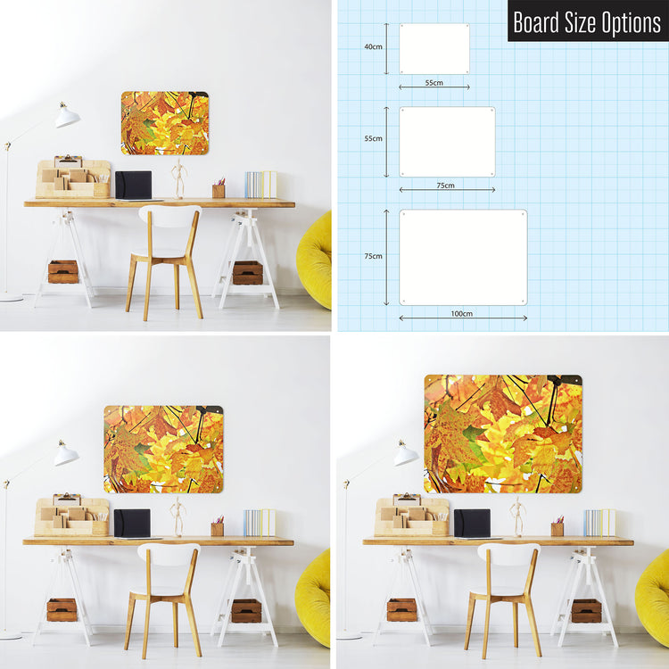 Three photographs of a workspace interior and a diagram to show size comparisons of an autumn tree magnetic notice board