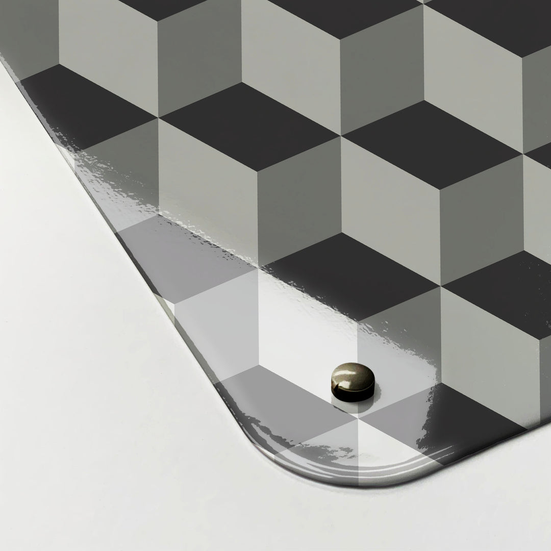 The corner detail of a blocks shades of grey design magnetic board to show it’s high gloss surface