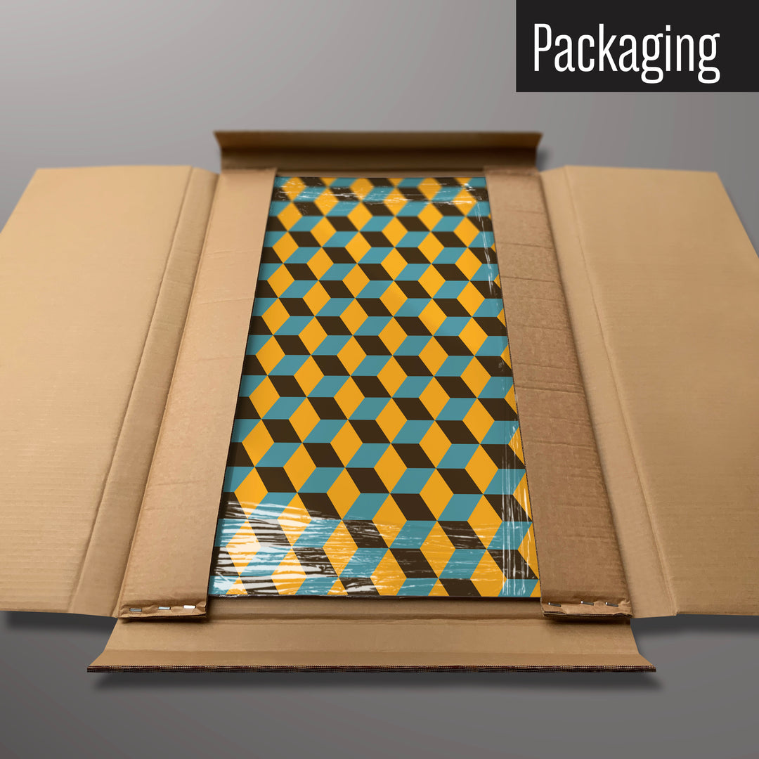 A blocks design magnetic board in it’s cardboard packaging