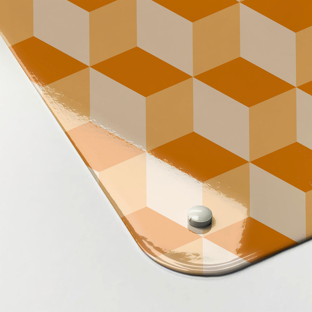 The corner detail of a blocks shades of orange design magnetic board to show it’s high gloss surface