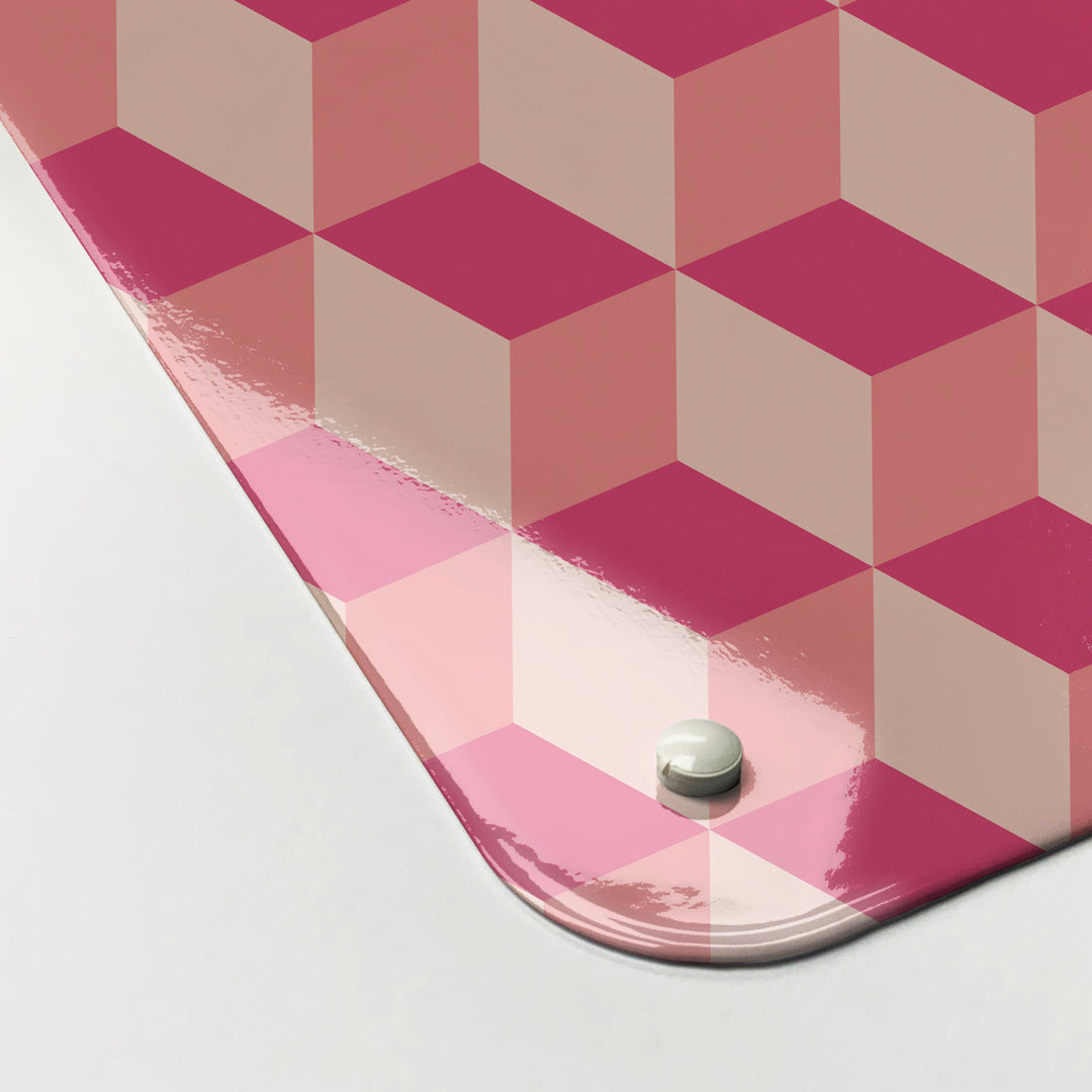 The corner detail of a blocks shades of pink design magnetic board to show it’s high gloss surface